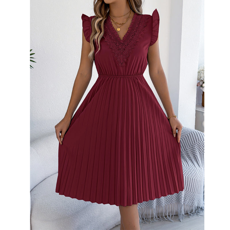 Women's Lace V-Neck Ruffle Sleeve Pleated Midi Dress