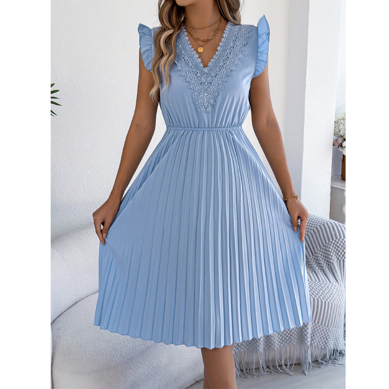 Women's Lace V-Neck Ruffle Sleeve Pleated Midi Dress