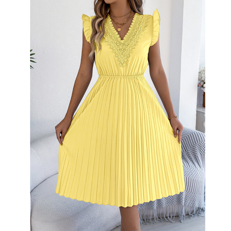 Women's Lace V-Neck Ruffle Sleeve Pleated Midi Dress