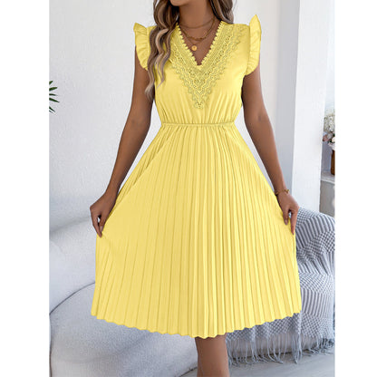 Women's Lace V-Neck Ruffle Sleeve Pleated Midi Dress