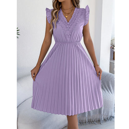 Women's Lace V-Neck Ruffle Sleeve Pleated Midi Dress