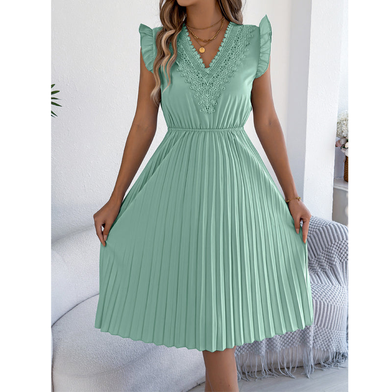 Women's Lace V-Neck Ruffle Sleeve Pleated Midi Dress