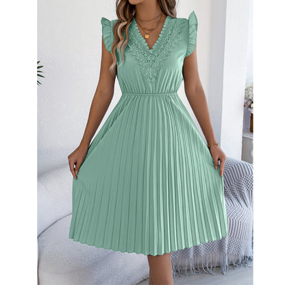 Women's Lace V-Neck Ruffle Sleeve Pleated Midi Dress