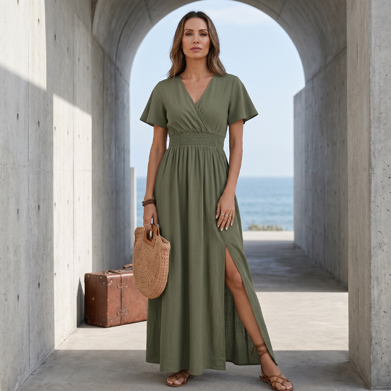 Women's Summer V-Neck Side Slit Maxi Dress