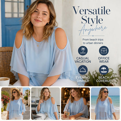 Women's Cold Shoulder Ruffle Top ✨ Flowy Short Sleeve Summer Blouse