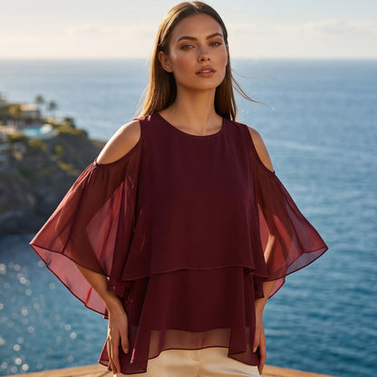 Women's Cold Shoulder Ruffle Top ✨ Flowy Short Sleeve Summer Blouse