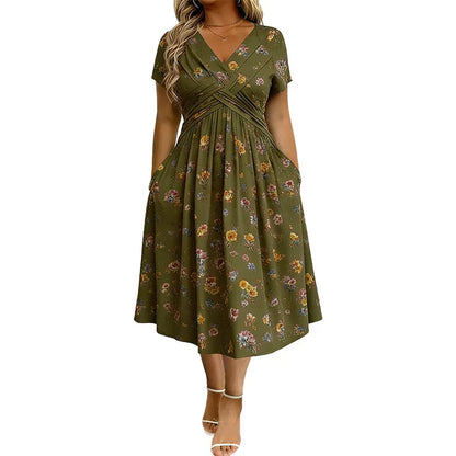 Floral V-neck dress with a twist at the waist—elegant and casual for any occasion