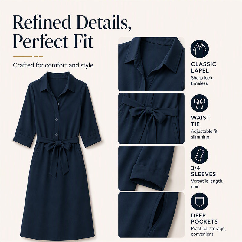 Women's 3/4 Sleeve Shirt Dress with Belt
